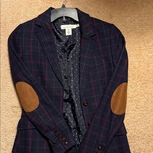 H&M Navy and Red Check Blazer with Brown Elbow Patches